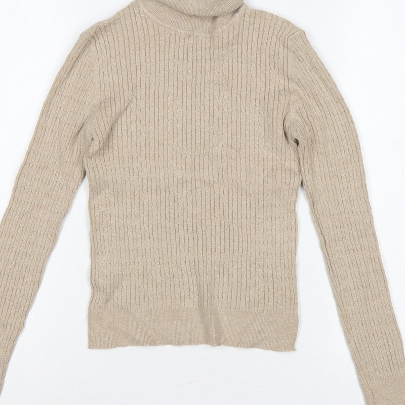 Stradivarius Women Beige M Ribbed Roll Neck Pullover Jumper