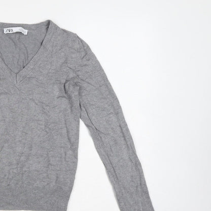 Zara Women Grey Size S V-Neck Fine Knit Long Sleeve Pullover Jumper