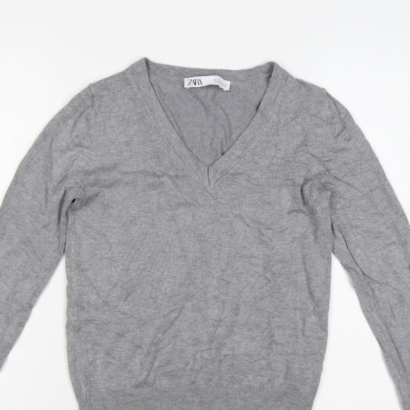 Zara Women Grey Size S V-Neck Fine Knit Long Sleeve Pullover Jumper