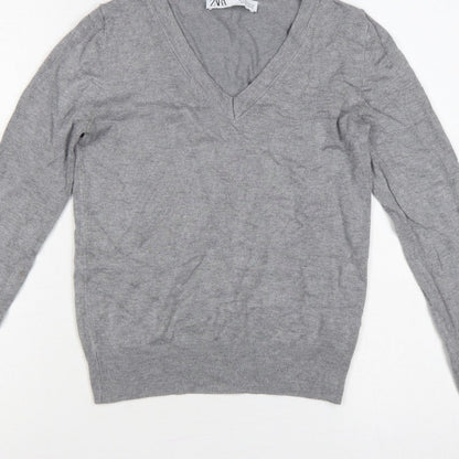 Zara Women Grey Size S V-Neck Fine Knit Long Sleeve Pullover Jumper