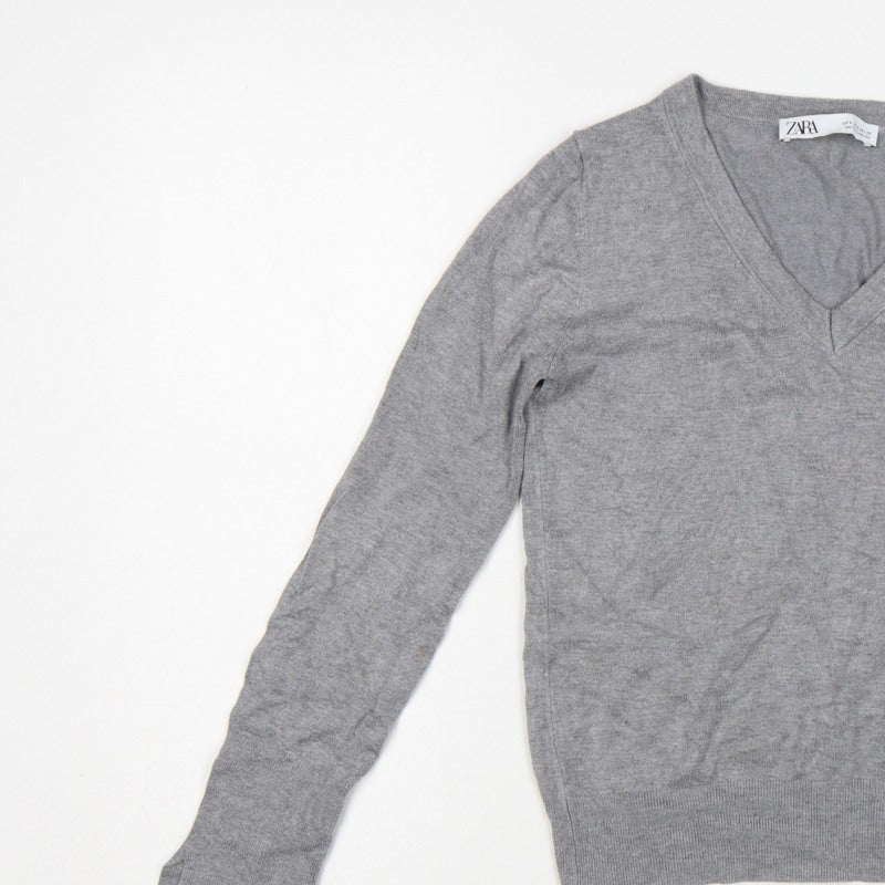Zara Women Grey Size S V-Neck Fine Knit Long Sleeve Pullover Jumper