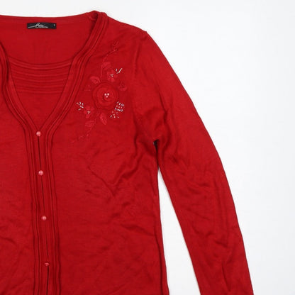 BM Collection Women’s Red S Floral Embroidered Beaded V-Neck Cardigan