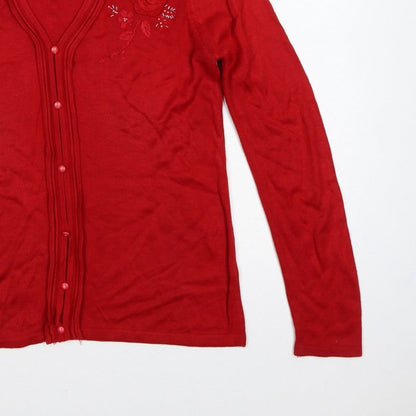 BM Collection Women’s Red S Floral Embroidered Beaded V-Neck Cardigan