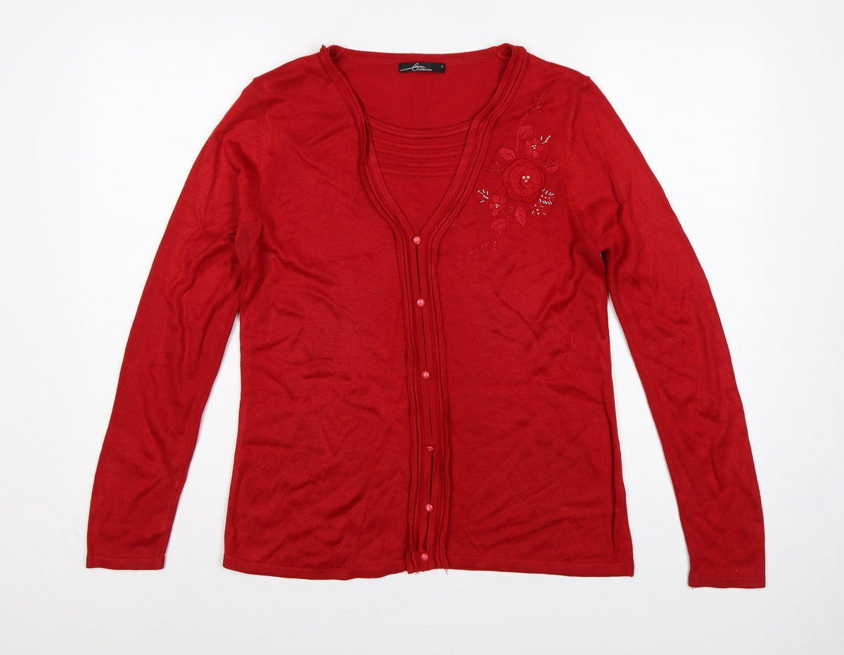 BM Collection Women’s Red S Floral Embroidered Beaded V-Neck Cardigan