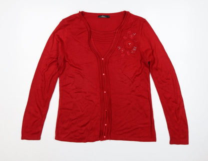 BM Collection Women’s Red S Floral Embroidered Beaded V-Neck Cardigan