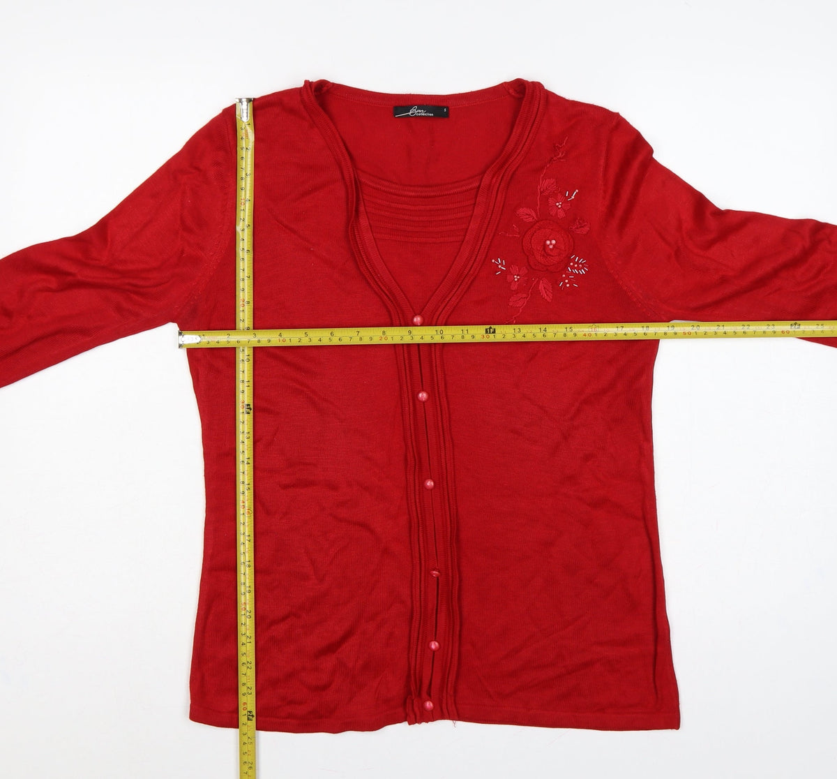 BM Collection Women’s Red S Floral Embroidered Beaded V-Neck Cardigan