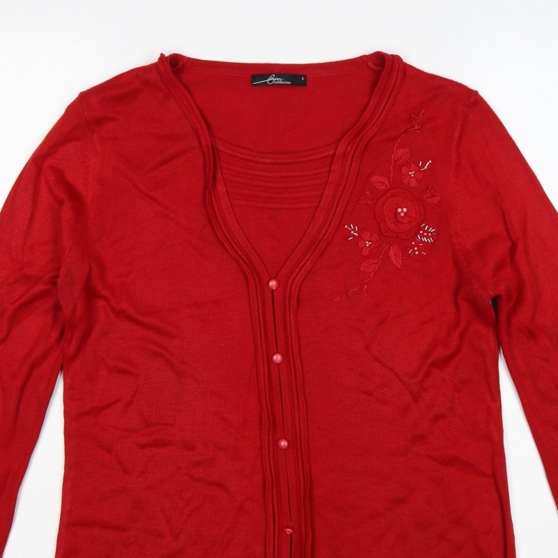 BM Collection Women’s Red S Floral Embroidered Beaded V-Neck Cardigan