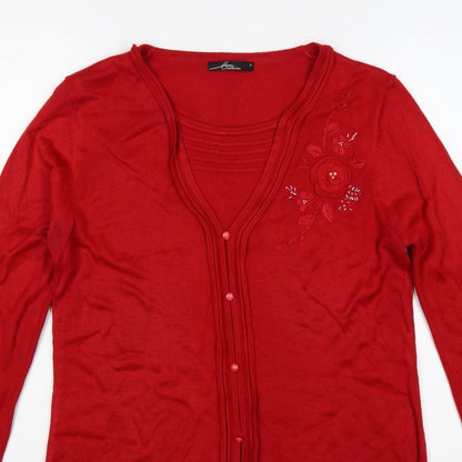 BM Collection Women’s Red S Floral Embroidered Beaded V-Neck Cardigan