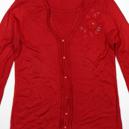 BM Collection Women’s Red S Floral Embroidered Beaded V-Neck Cardigan