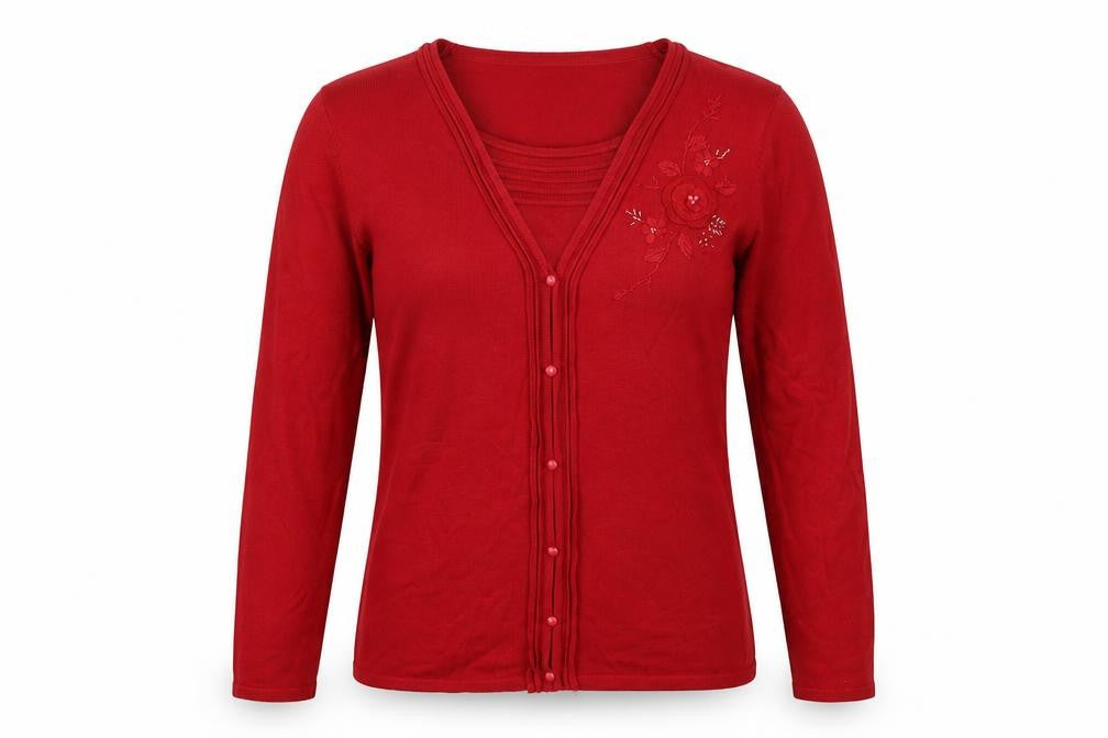 BM Collection Women’s Red S Floral Embroidered Beaded V-Neck Cardigan