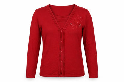 BM Collection Women’s Red S Floral Embroidered Beaded V-Neck Cardigan