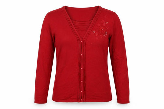 BM Collection Women’s Red S Floral Embroidered Beaded V-Neck Cardigan