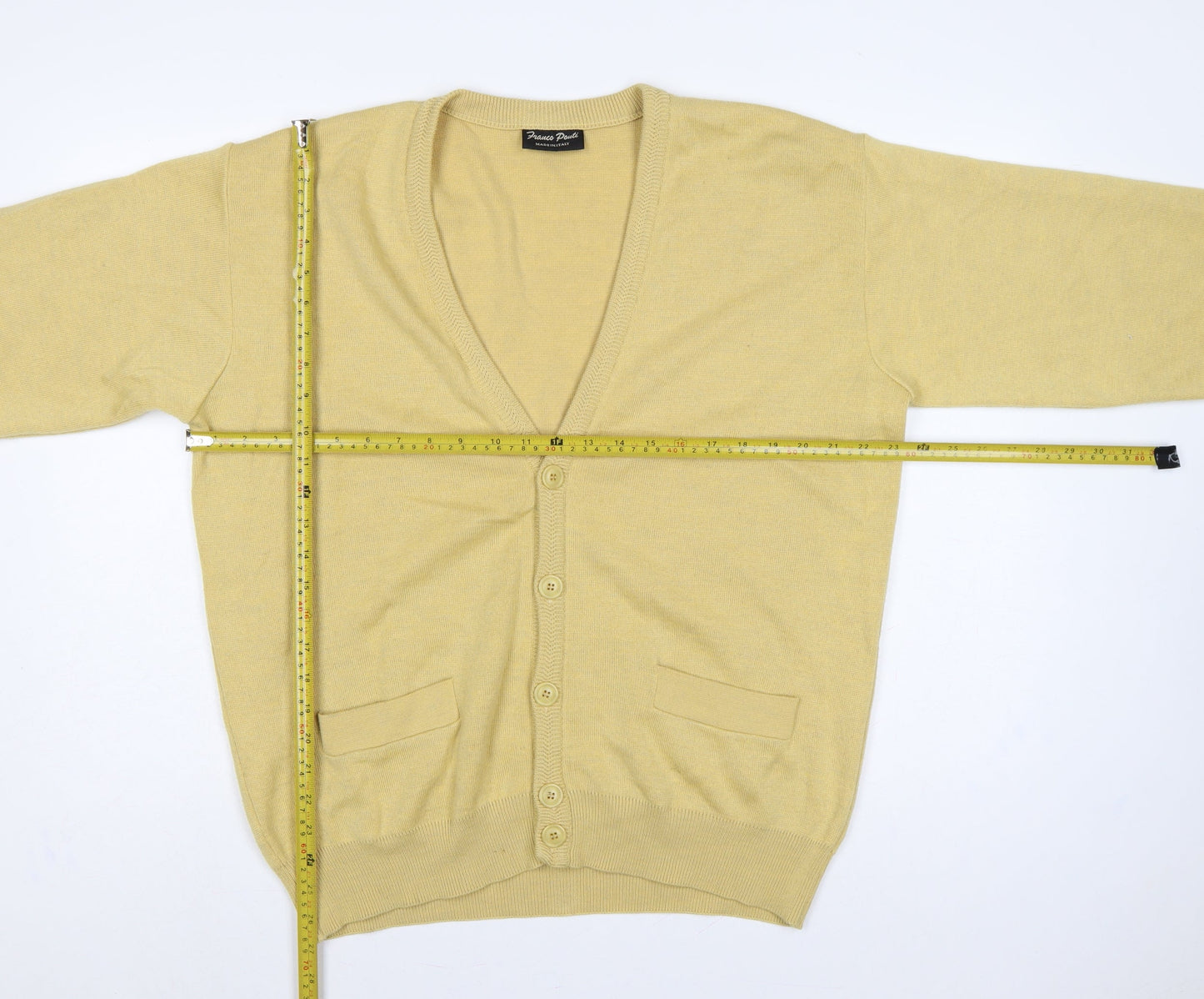 Franco Ponti Men's Yellow XL Merino Wool Blend V-Neck Cardigan