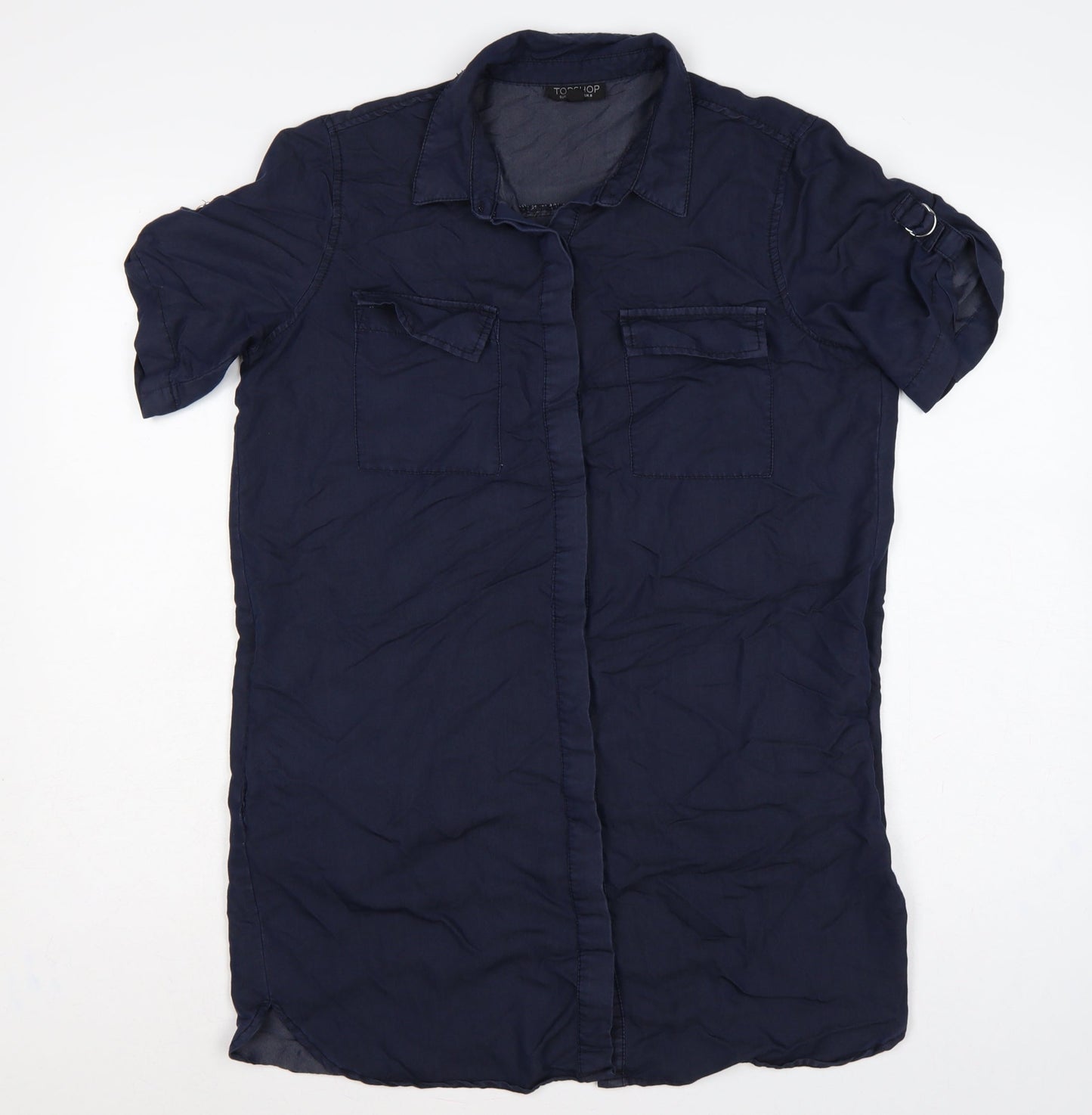Topshop Women Blue UK 8 Collared Button-Up Short Sleeve Blouse