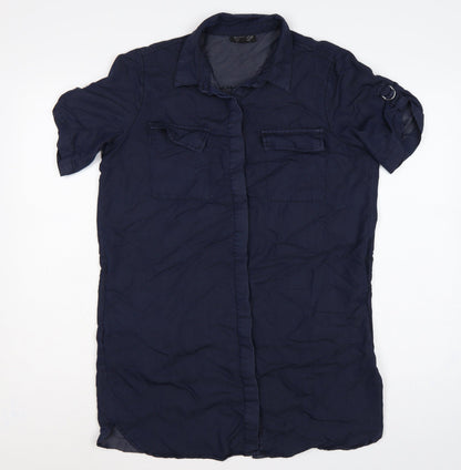 Topshop Women Blue UK 8 Collared Button-Up Short Sleeve Blouse