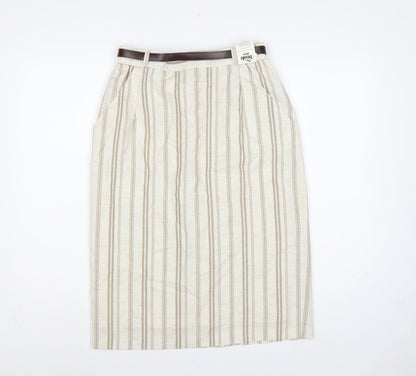 The Inside Story Women Beige Stripe UK 14 Pencil Knee Skirt Belt