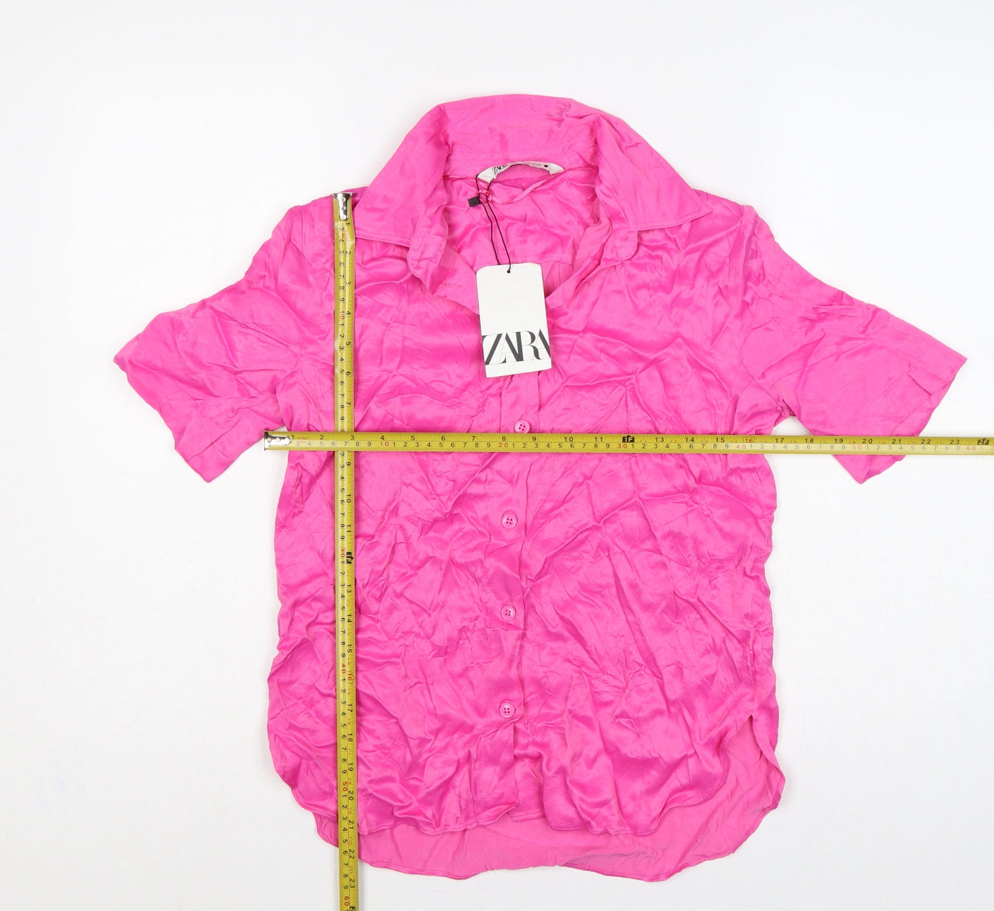 Zara Women Pink XS Viscose Short Sleeve Collared Button-Up Shirt