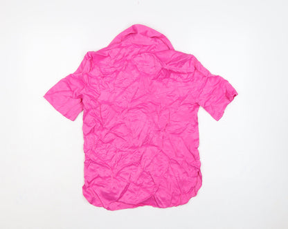 Zara Women Pink XS Viscose Short Sleeve Collared Button-Up Shirt