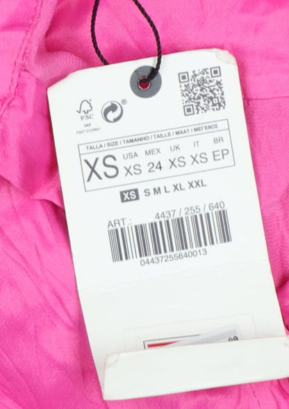 Zara Women Pink XS Viscose Short Sleeve Collared Button-Up Shirt