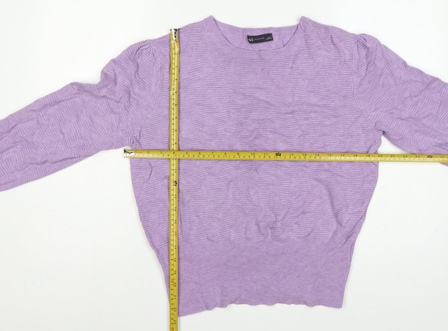 Marks and Spencer Women Purple L Puff Sleeve Crew Neck Jumper