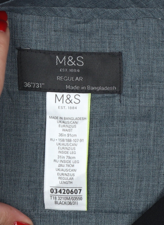 Marks and Spencer Men Black 36 31 Regular Straight Dress Trousers