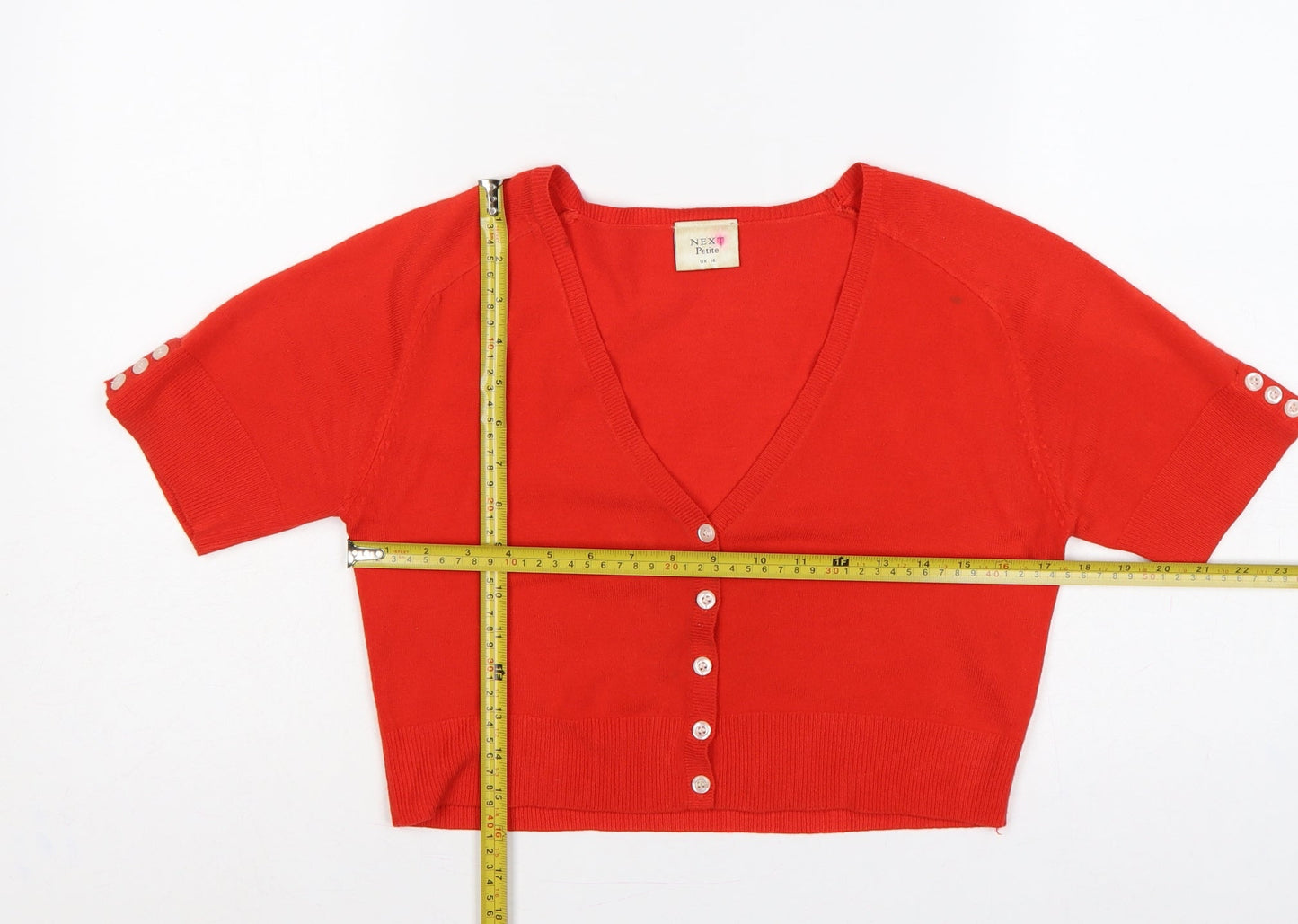 Next Women Red UK 14 Petite V-Neck Short Sleeve Button Cardigan