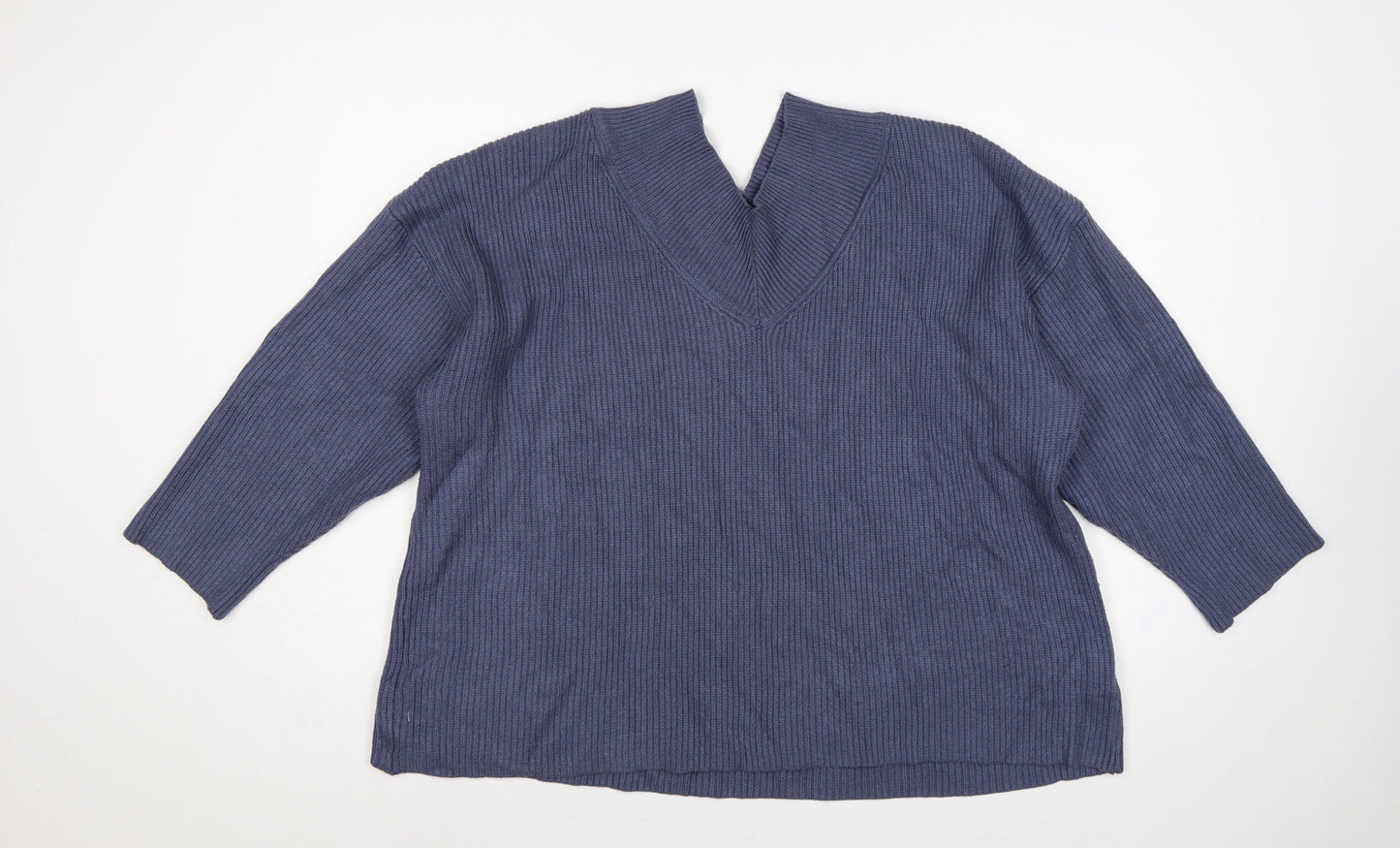 Next Women Blue XL Rib Knit V-Neck 3/4 Sleeve Pullover Jumper