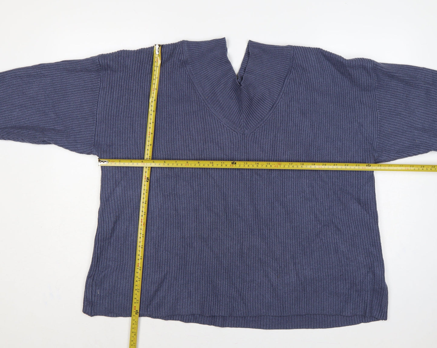 Next Women Blue XL Rib Knit V-Neck 3/4 Sleeve Pullover Jumper