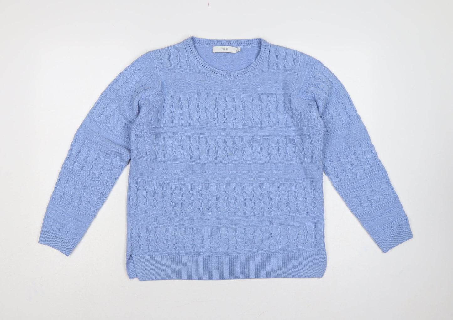 Isle Women Blue S 10-12 Cable Knit Crew Neck Acrylic Pullover