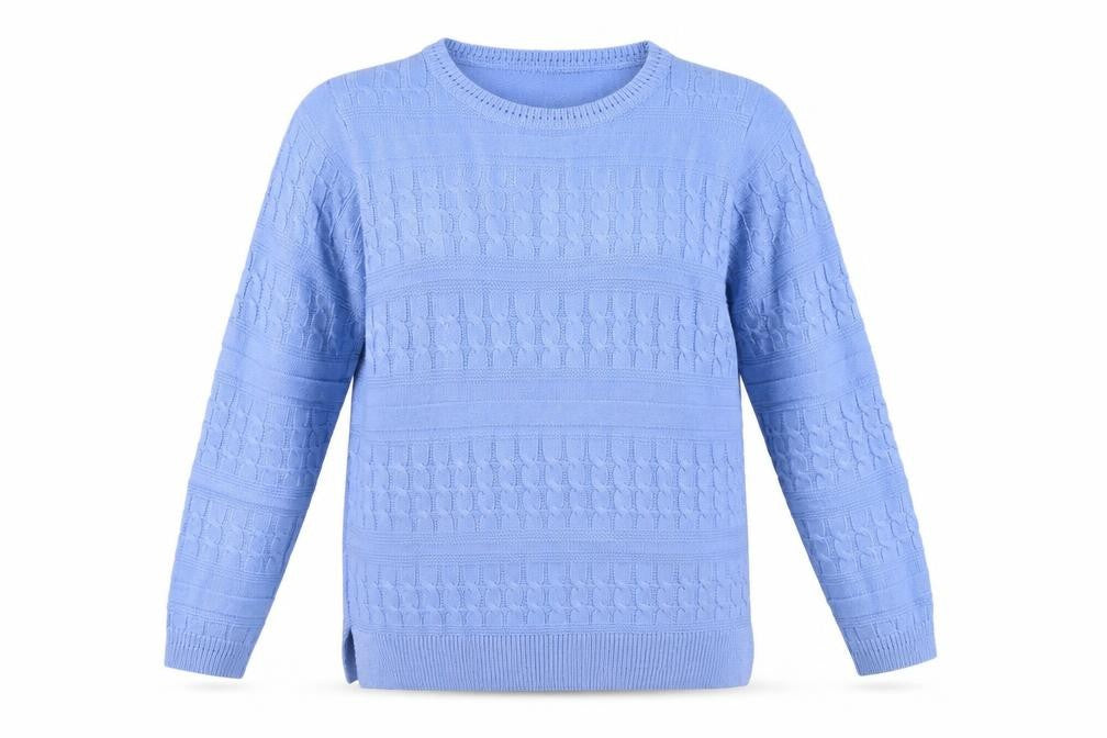 Isle Women Blue S 10-12 Cable Knit Crew Neck Acrylic Pullover