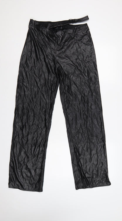 ASOS Design Women Black UK 12 Faux Leather Wide-Leg Belted Trousers