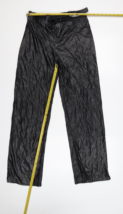 ASOS Design Women Black UK 12 Faux Leather Wide-Leg Belted Trousers