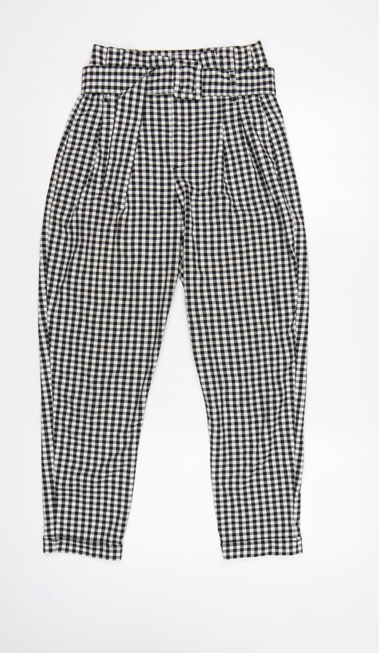 Bershka Women Black White Check Paperbag Tapered Trousers UK 8