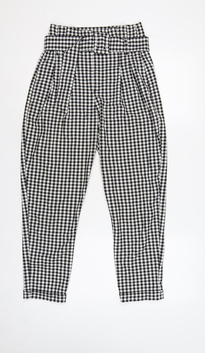 Bershka Women Black White Check Paperbag Tapered Trousers UK 8