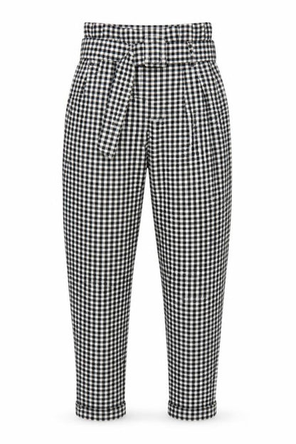 Bershka Women Black White Check Paperbag Tapered Trousers UK 8