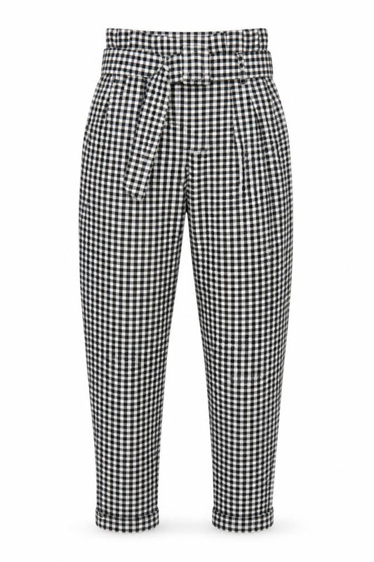 Bershka Women Black White Check Paperbag Tapered Trousers UK 8