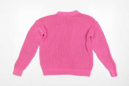 Marks & Spencer Women Pink M Open Knit Cotton Crew Neck Jumper