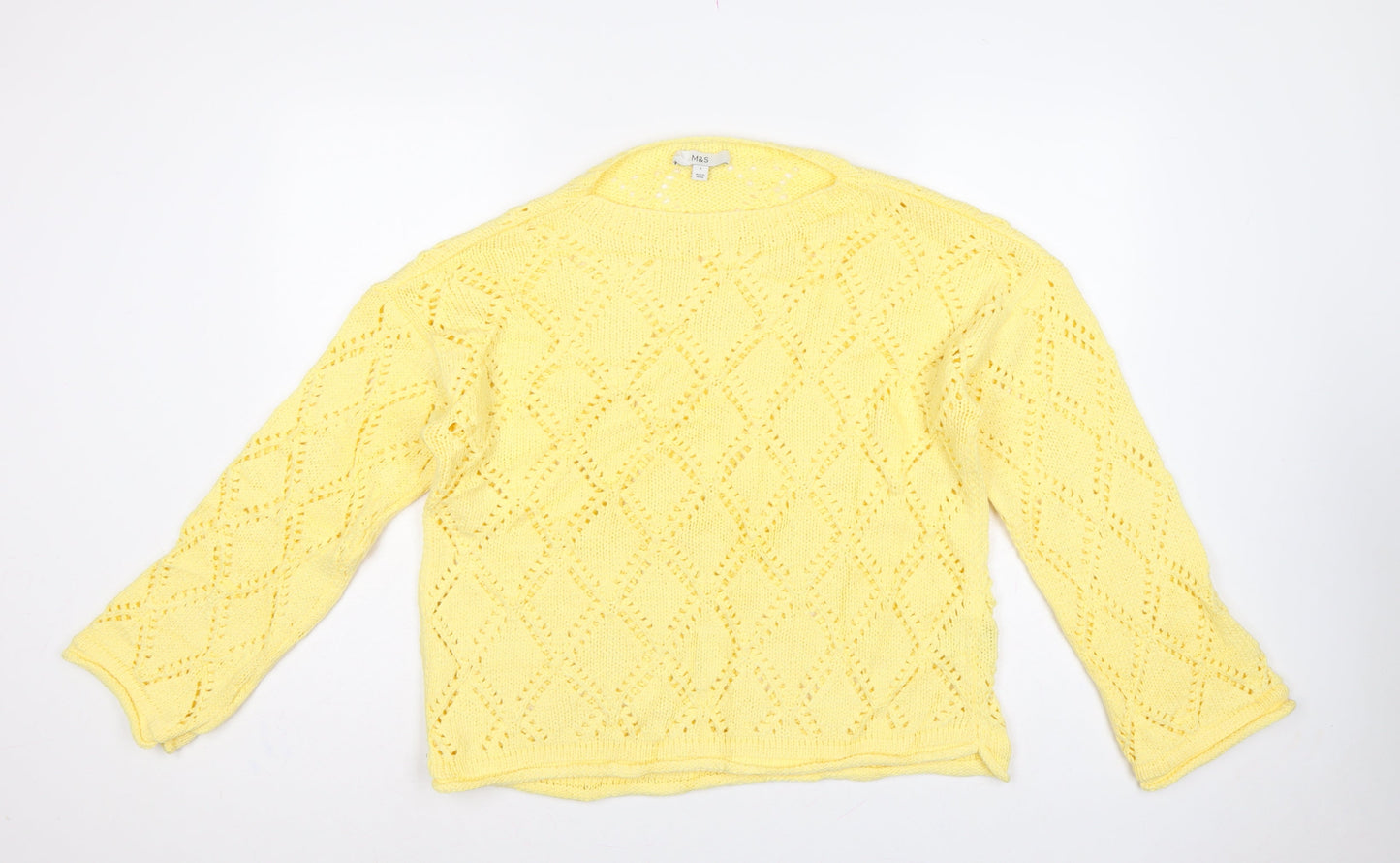 Marks & Spencer Women Yellow L Argyle Open Knit Round Neck Jumper