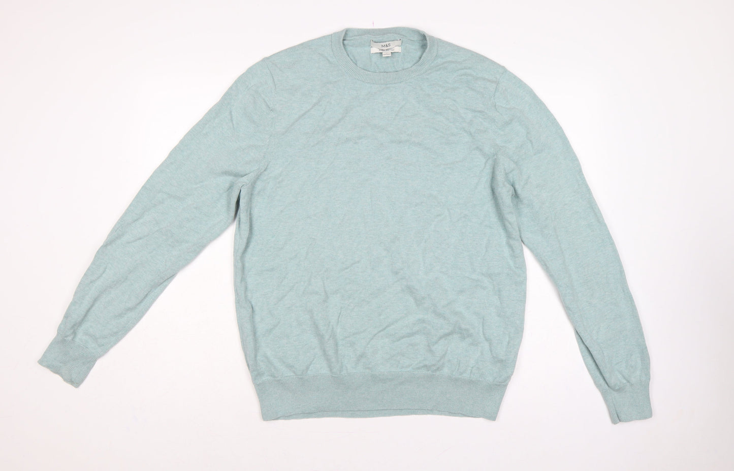 Marks and Spencer Men Green L Pure Cotton Crew Neck Pullover Jumper