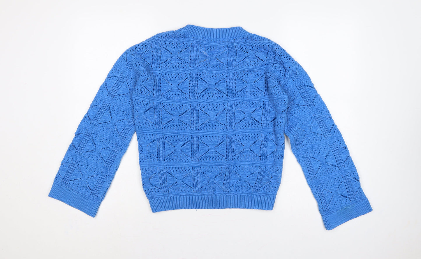 Next Women Blue XS V-Neck Geometric Open Knit Cotton Jumper