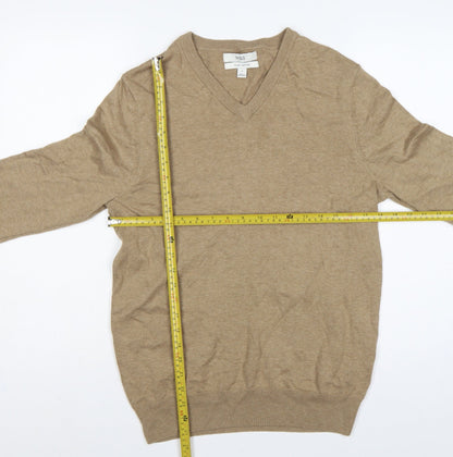 Marks and Spencer Men Beige S Pure Cotton V-Neck Pullover Jumper