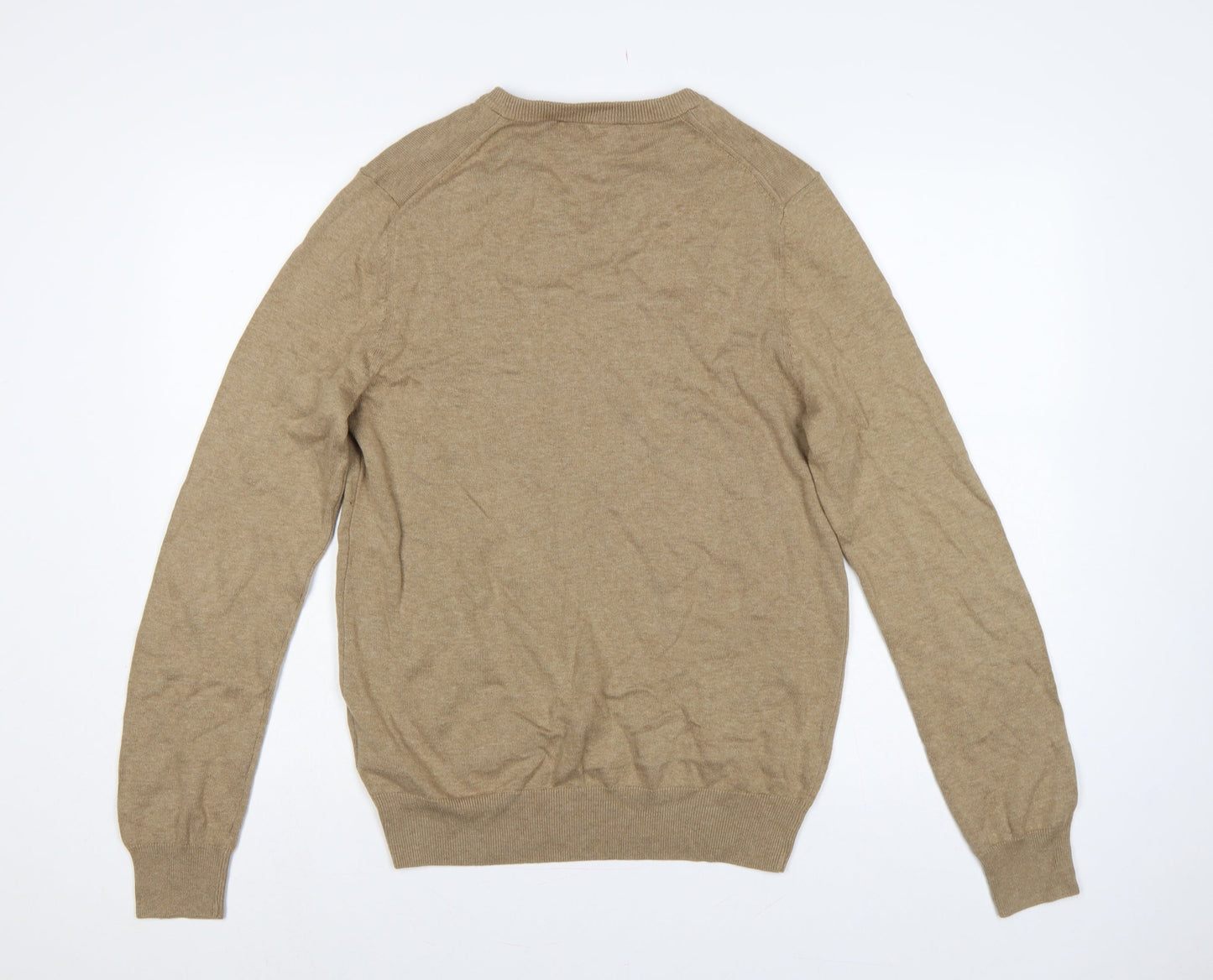 Marks and Spencer Men Beige S Pure Cotton V-Neck Pullover Jumper
