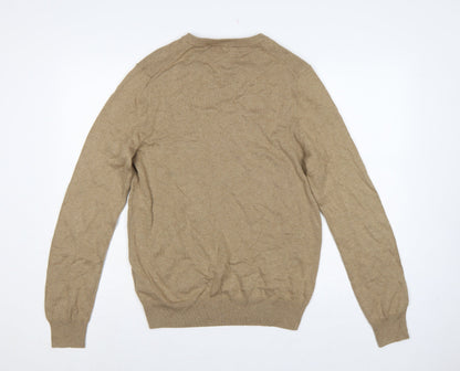 Marks and Spencer Men Beige S Pure Cotton V-Neck Pullover Jumper