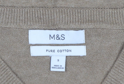 Marks and Spencer Men Beige S Pure Cotton V-Neck Pullover Jumper