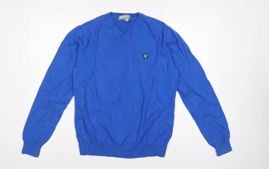 Back view of Lyle & Scott Men’s Blue M V-Neck Logo Knit jumper