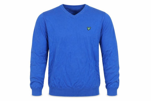 Front view of Lyle & Scott Men’s Blue M V-Neck Logo Knit jumper