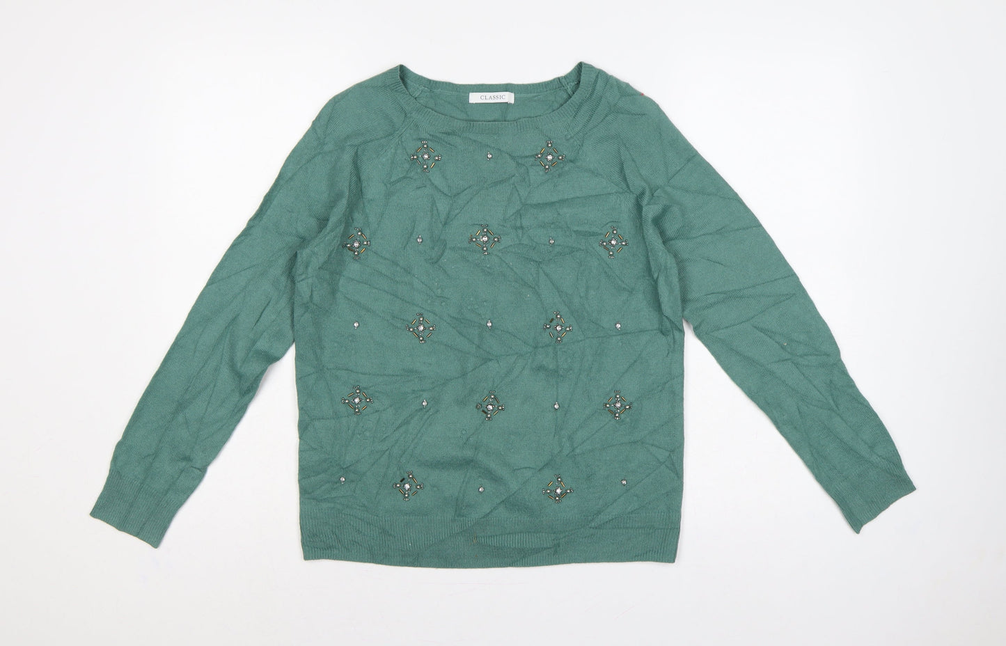 M&S Women’s Green UK 10 Beaded Jewel Round Neck Knit Pullover Jumper