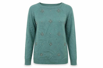 Marks & Spencer Women’s Green UK 10 Beaded Jewel Round Neck Knit Pullover Jumper