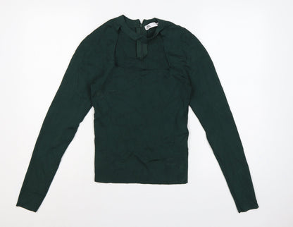 Zara Women Green L Rib Knit 1/4 Zip Ruffle Neck Jumper