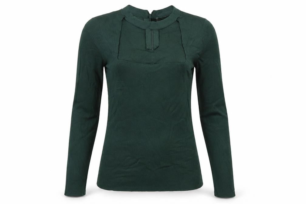 Zara Women Green L Rib Knit 1/4 Zip Ruffle Neck Jumper